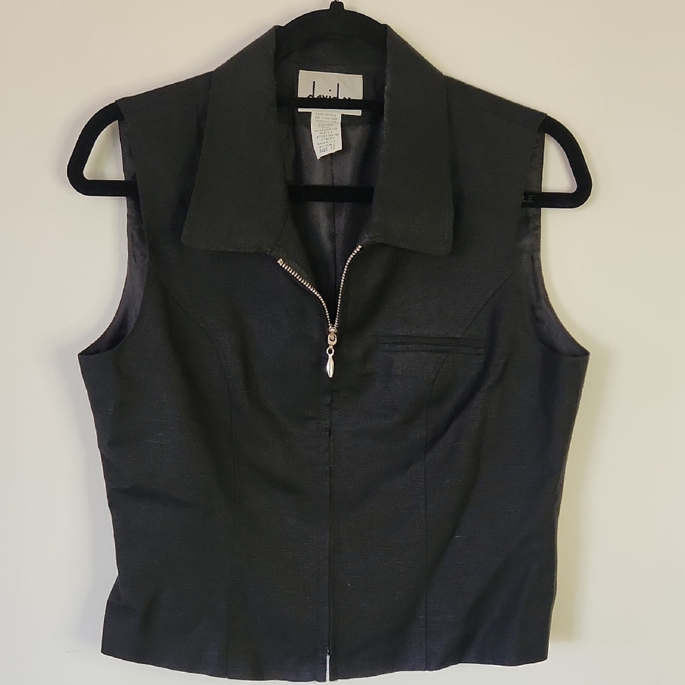 david n Black Zipper Fitted Vest with Notched Collar